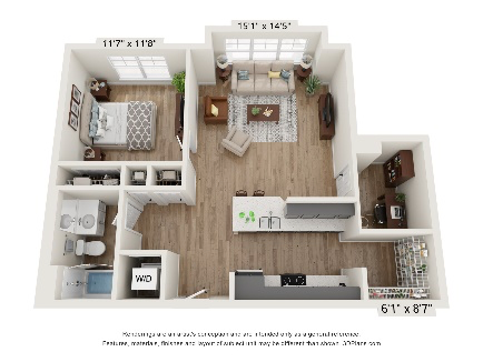 1 Bed 1 Bath w Pantry + Office 797sf